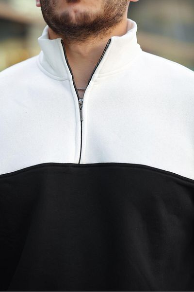 Miron White Black Two Color Zippered Three Thread Oversize Sweatshirt -2457