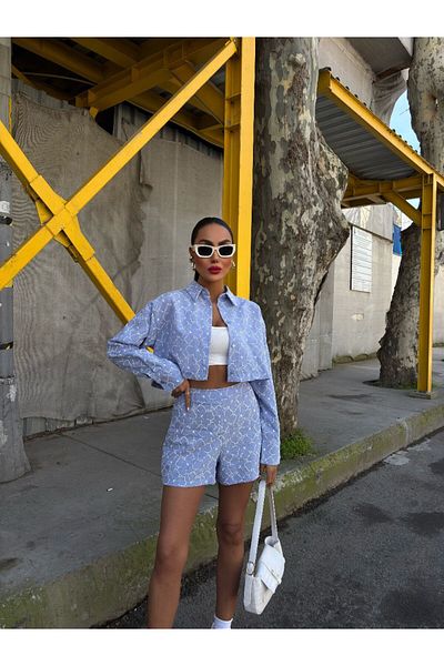 Enie Women's Blue Linen Shorts Crop Shirt Bottom Top Set