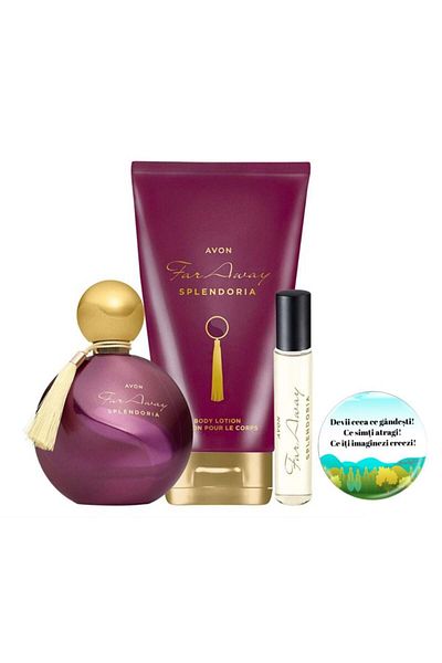 AVON Far Away Splendoria Ea Set (perfume 50, lotion, mini water) + Badge