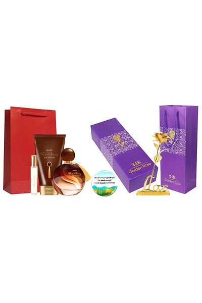 AVON Set perfume for women Far Away Beyond, lotiune, mini apa, trandafir auriu si insigna Dactylion