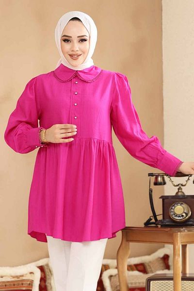 Neva Style Baby Collar Fuchsia Hijab Tunic 40691F