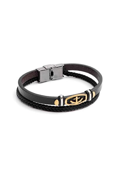 OSMANLI GÜMÜŞ Erkek Deri Bileklik - Çapa Motifli Altın Kaplama Çift Sıra Deri...