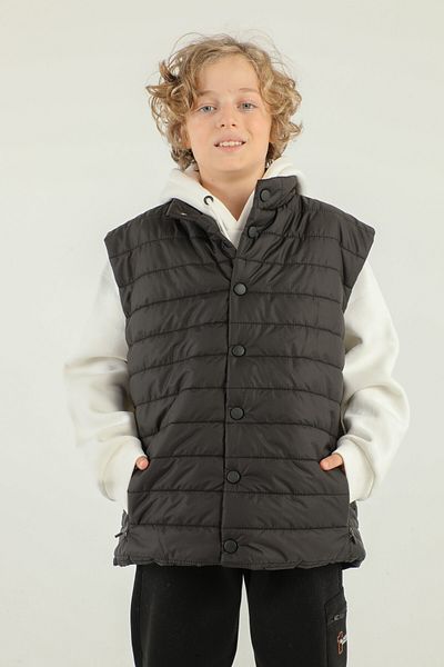 Black One Stand Collar Zipper Double Pocket Detailed Boy's Inflatable Vest