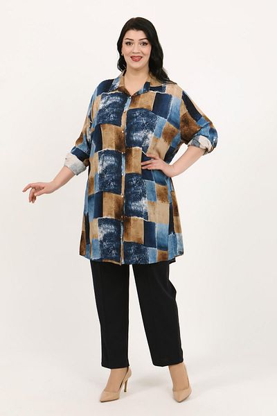 By Alba Collection Women's Navy Blue Patterned Cotton Viscose Large Size Tunic