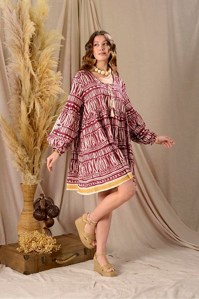Park Moda Women's Embroidery Detailed Tasseled Cotton Summer Slim Short Boho Dress Burgundy Holiday Dress
