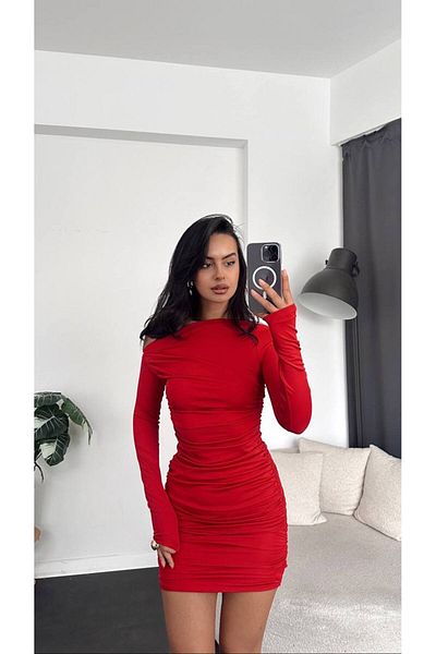 K-ODEA BUTİK Women's Long Sleeve One Shoulder Open Sides Drawstring Short Sandy Dress