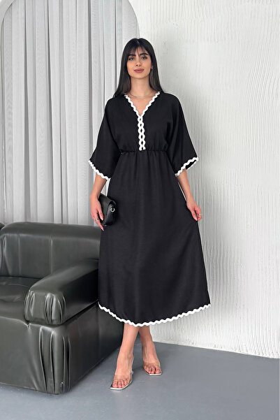 Neşeli Butik γυναικείο λινό φόρεμα με λαιμόκοψη V με μήκος midi NBK4155