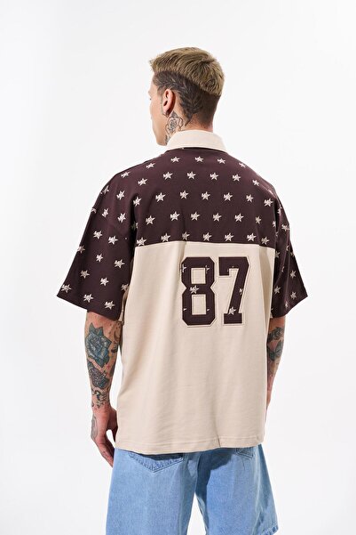 Machinist Ανδρικό μπλουζάκι σε μπεζ καφέ - 19 κεντημένο, υπερμεγέθη λαιμό πόλο