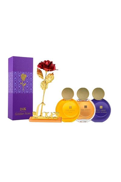 AVON Set of 3 Far Away perfumes and red rose blown at the base with gold, holder and box included