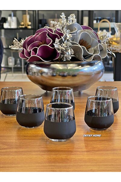 P&ORA PREMIUM KITCHEN PRODUCTS Lal- 304 6'lı Dip Siyah Üst Füme Kahve Yanı Su Bardağı , Çeyizlik ,hediyelik , lüks