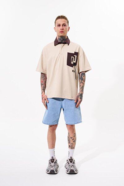 Machinist Ανδρικό μπλουζάκι με λαιμόκοψη σε ανοιχτό μπεζ πόλο - Τσέπη αντίθεσης