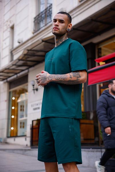 Pobudo Green Color Crew Neck Shorts T-Shirt Set