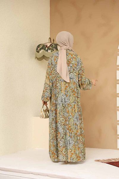 Neva Style Floral Patterned Green Hijab Dress 23454Cy