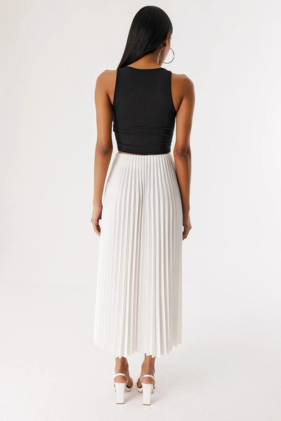 Stil Sepeti Fusta lungă plisată cu talie elastică ascunsă ecru pentru femei ST- 100078641