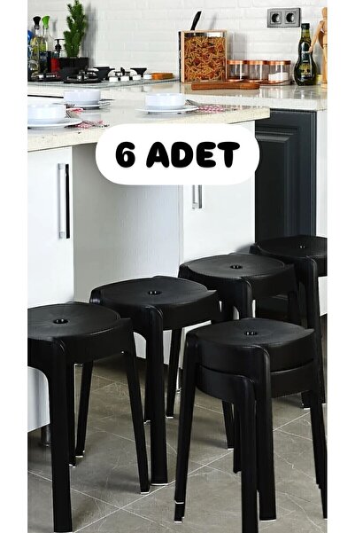 Bayev 6 Adet Siyah Kaymaz Ayaklı Dekoratif Iç Içe Geçebilen Plastik Tabure Mutfak Bahçe Taburesi