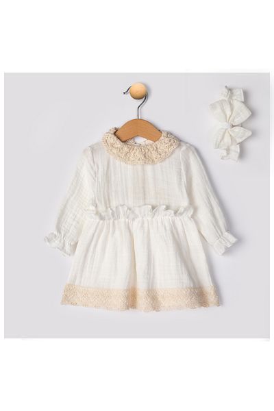 Babyhola 0-2 Years Lace Collar Headband Muslin Girl's Eid Dress Ecru 22463