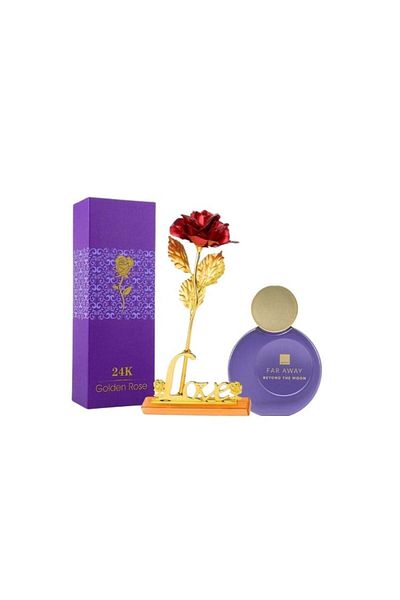 AVON Far Away Beyond the Moon and red rose eau de parfum set, holder and box included