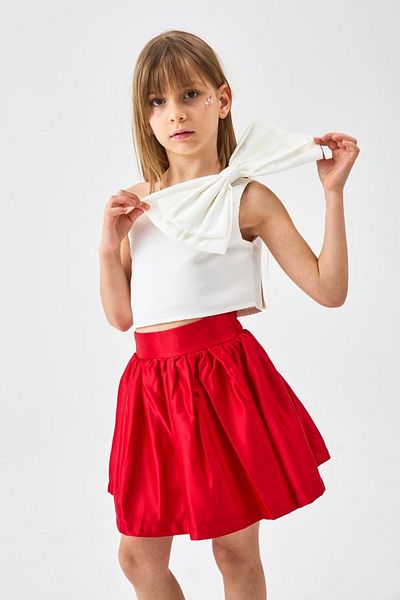 Le Mabelle Red One Shoulder Bow Detailed Skirt Crop Girl's Double Set - Luisa
