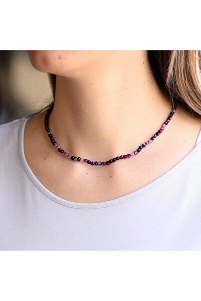 Taş Sandığı Beyaz Damarlı Mor Akik Taşı Dizi Kolye  ( 4 mm ) - Çelik Aparatlı