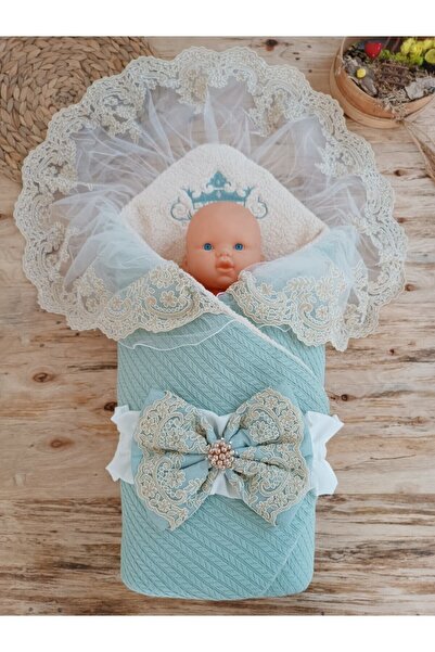 Tomuycuk Mint Knitted Baby Swaddle - Cotton & Lace Newborn Baby Blanket