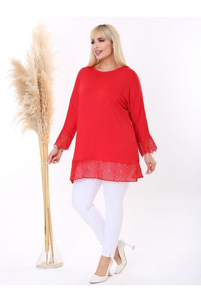 MODA Women's Large Size Skirt and Sleeve Lace Detail Flexible Viscose Tunic