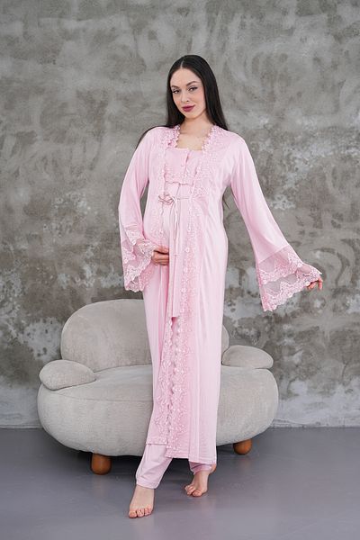LOHOUSE Women's Powder Lace Princess Sleeve Special Design Maternity Pregnant Dressing Gown 3-Piece Pajama Suit Set