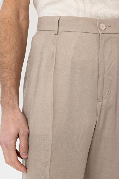 Antioch Beige Linen Blended Men's Baggy Trousers