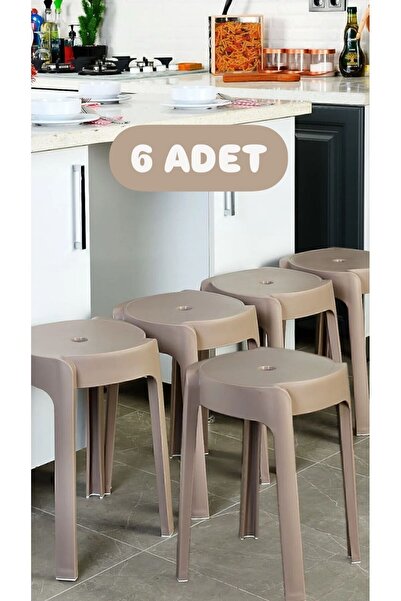 Bayev 6 Adet Latte Kaymaz Ayaklı Dekoratif Iç Içe Geçebilen Plastik Tabure Mu...
