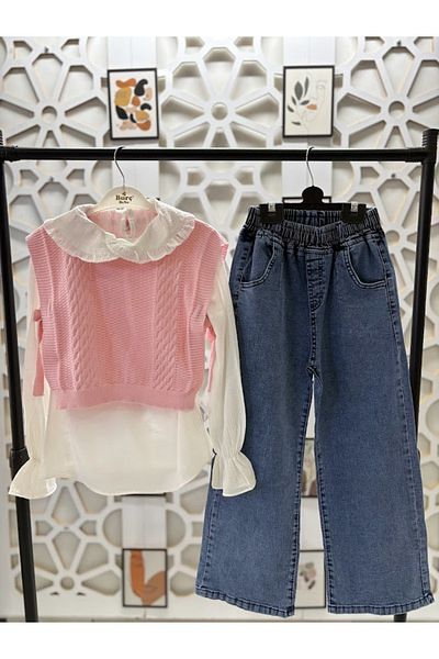 KUMRUNUN DÜNYASI Girl's Collared Shirt Knitwear, Svt and Denim Pants Set under 3 Tops