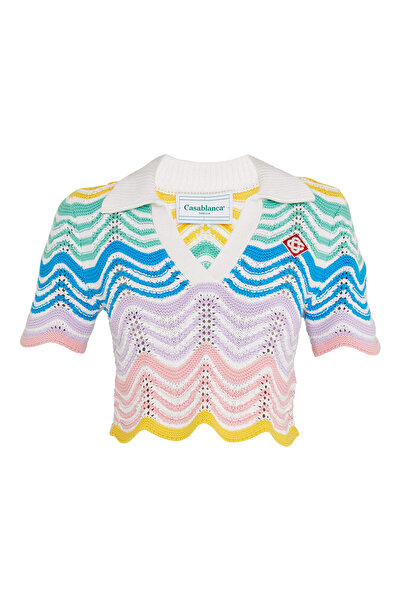 CASABLANCA Dalgalar Dantel Kısa Kol Cropped Polo Bluz