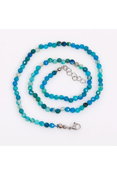 Taş Sandığı Blue Colored Agate Stone Necklace - 4 mm Facet Cut with Steel Apparatus