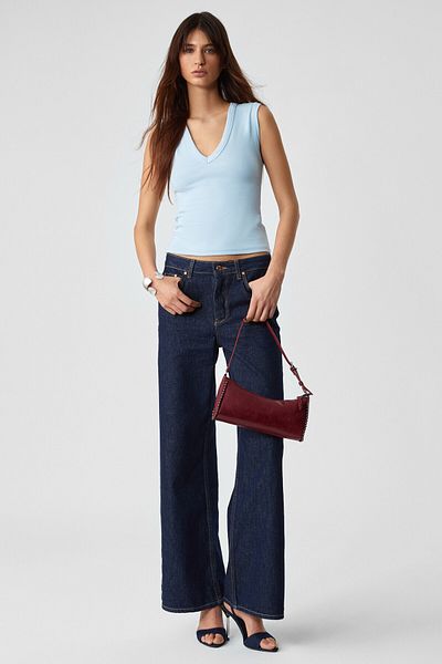 GRIMELANGE Lescosa Women's Slim V Neck Sleeveless Blue Tank Top