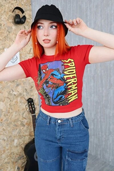 1blood Κόκκινη μπλούζα Spiderman Crew Neck Character Spiderman Crop Top