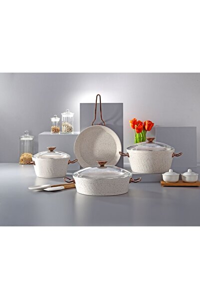 Bonera Milena 7 Pieces - Snow White Granite Pot and Pan Set with Rose Gold Handle Detail