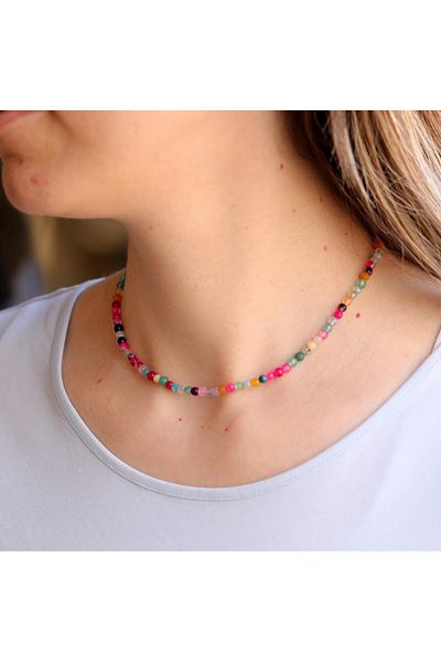 Taş Sandığı Multi Color Agate Stone Necklace - 4 mm Facet Cut with Steel Apparatus