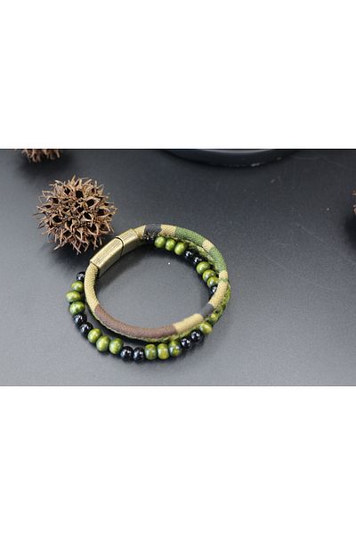 magıcgrange Men's Handmade - Military Camouflage Style, Summer and Winter Natural, Wood and Leather Design, Bracelet