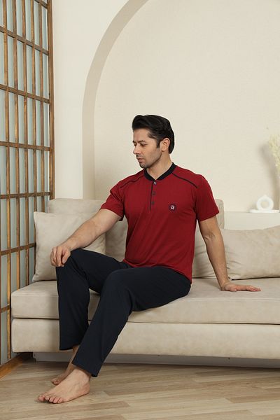 MODAREYA Short Sleeve Burgundy Color Buttoned Collar Embroidered Men's Pajama Set