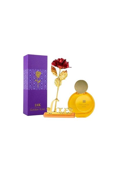 AVON Far Away Shine Eau de Parfum Set and Red Rose Blown at the Base with Gold, Stand and Box Included