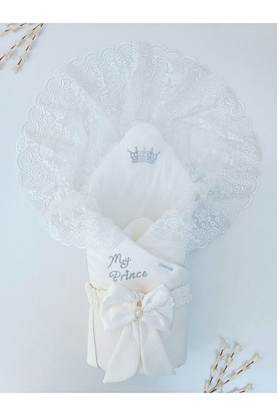 Tomuycuk Baby Boy Ecru Blanket - Lace Swaddle, Hospital Exit, Newborn 100% Natural Cotton Gift