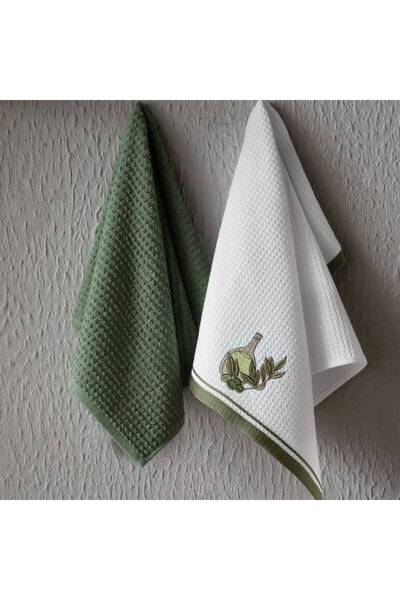 MAXSTYLE Pamuk Mutfak Havlusu Zeytin Yaği 2'Li Beyaz-Yeşil 40x60