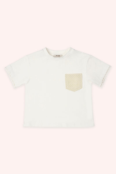 Panço Kız Çocuk Ekru Cep Detaylı Tişört