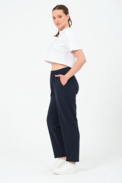 BUSA Giyim Büyük Beden Gabardin Mom Fit Klasik Pantolon Lacivert