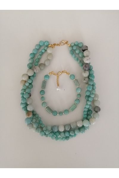 LemaStone Natural Stone Necklace ,Bracelet Set;Aa Quality Amozonite Stone