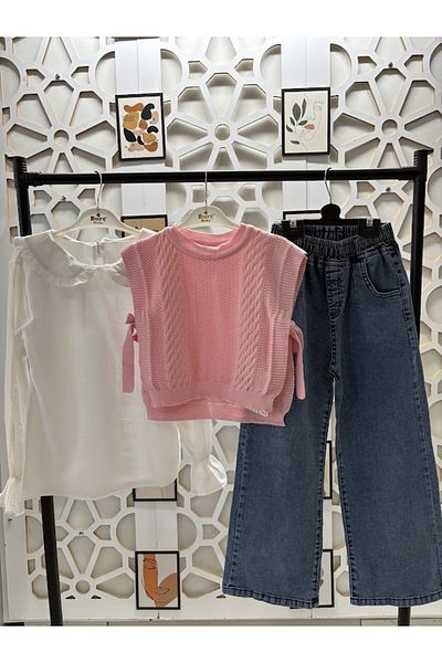 KUMRUNUN DÜNYASI Girl's Collared Shirt Knitwear, Svt and Denim Pants Set under 3 Tops