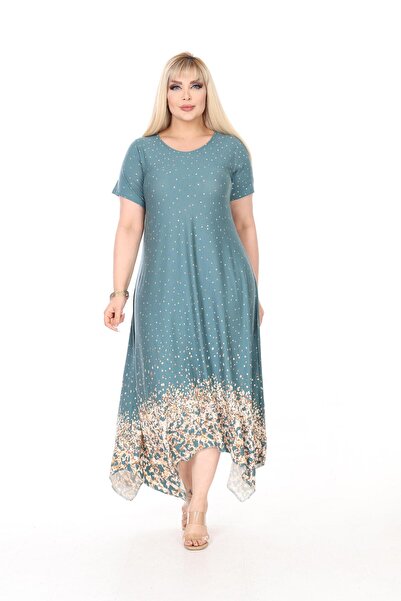 mami butik Plus Size Asymmetrical Skirt Short Sleeve Viscose Combed Cotton Dress