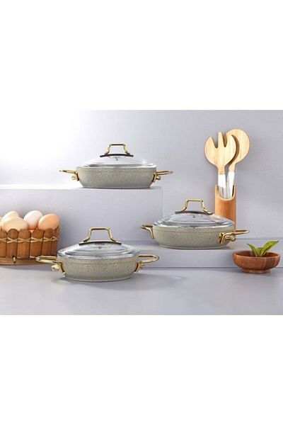 Bonera Marbella Nardo Gray Gold Handle Detailed 6-Piece Granite Pan Set with Lid