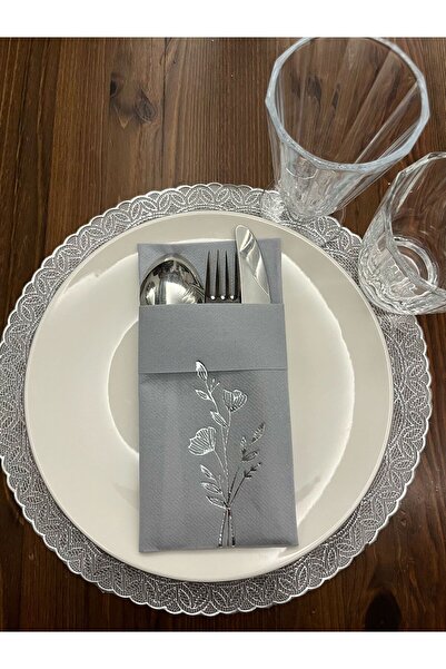 kidspartim Gümüş Yaldızlı Kumaş Dokulu Air Laid Kanguru Gelincik Çiçeği Gri Cepli Peçete 6 lı