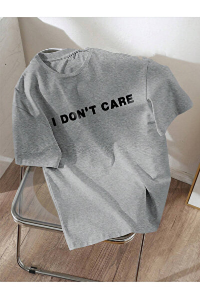 Revasser Unisex Erkek/Kadın I Don't Care Renkli Özel Baskılı Oversize Pamuklu Bisiklet Yaka T-Shirt Tişört