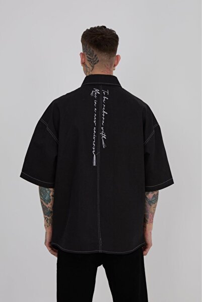 Machinist Ανδρικό πουκάμισο με κέντημα με κρόσσια oversized μαύρο