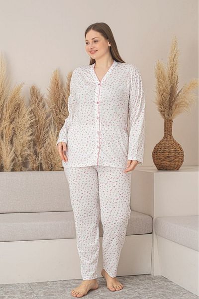 Farya Home Σετ πιτζάμες X-Dreamy Plus Size Βαμβακερές φλοράλ μπροστινές κουμπιά